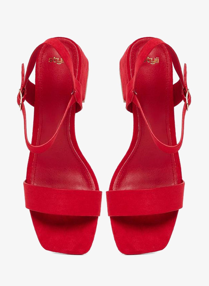 Styli Red Suede Block Heel Sandals - Image 5