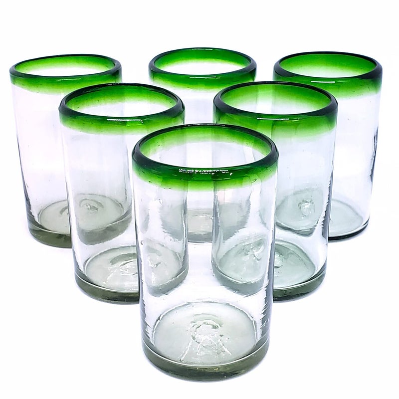 MexHandcraft Emerald Green Rim 14 oz Drinking Glasses set of 6 Recycled Glass Leadfree ToxinFree Drinking