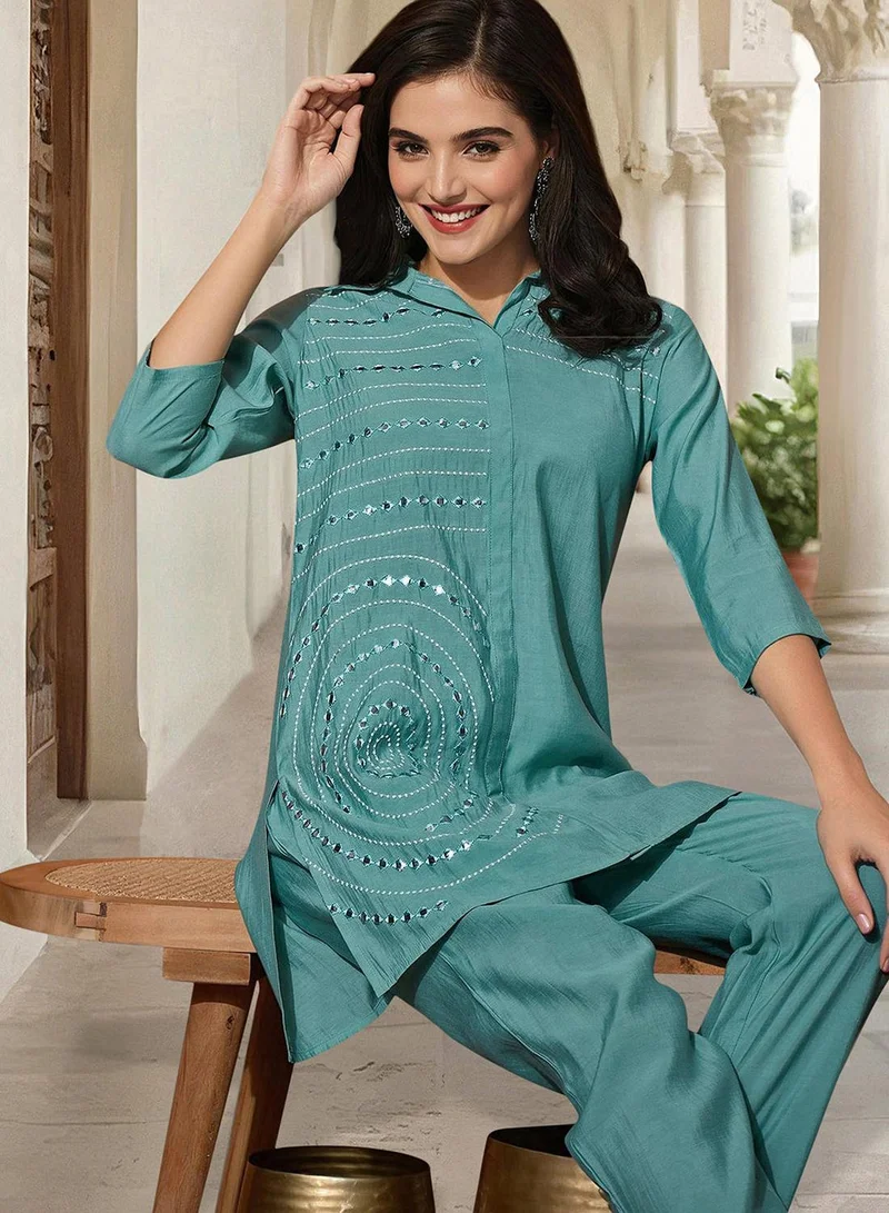 آي شين طقم تونيك حرير أزرق مطبوع نسائي كامل الطول بالازو بقصة مستقيمة