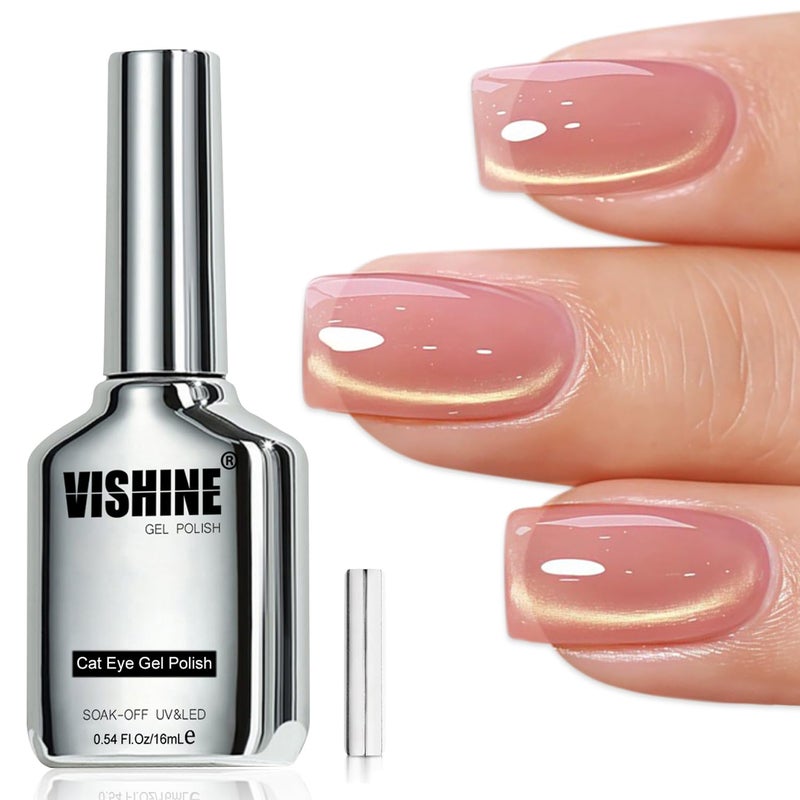 Vishine 16ml Gold Glitter Cat Eye Gel Nail Polish, Peachy Nude Pink Glass Jelly Gel Magnetic Shimmer Gloss Shine Holographic Translucent Color Nail Art Manicure DIY At Home #433 - Image 1