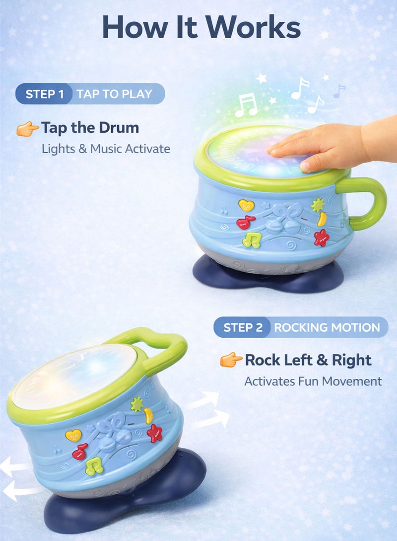 Oobidoo Interactive Musical Light Drum Toy for Toddlers 18M+, Baby Educational Learning Drum with LED Lights, Sound Effects, Rotating Rocking Motion, Sensory Development Toy, Hand Eye Coordination, Early Learning Music Toy, Portable Carry Handle Kids Drum Blue - Image 5