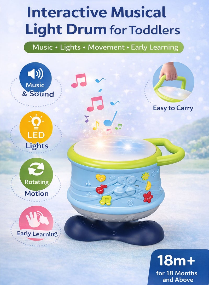 Oobidoo Interactive Musical Light Drum Toy for Toddlers 18M+, Baby Educational Learning Drum with LED Lights, Sound Effects, Rotating Rocking Motion, Sensory Development Toy, Hand Eye Coordination, Early Learning Music Toy, Portable Carry Handle Kids Drum Blue - Image 2
