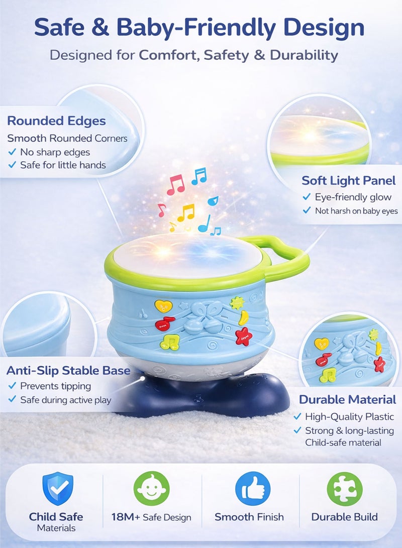 Oobidoo Interactive Musical Light Drum Toy for Toddlers 18M+, Baby Educational Learning Drum with LED Lights, Sound Effects, Rotating Rocking Motion, Sensory Development Toy, Hand Eye Coordination, Early Learning Music Toy, Portable Carry Handle Kids Drum Blue - Image 4