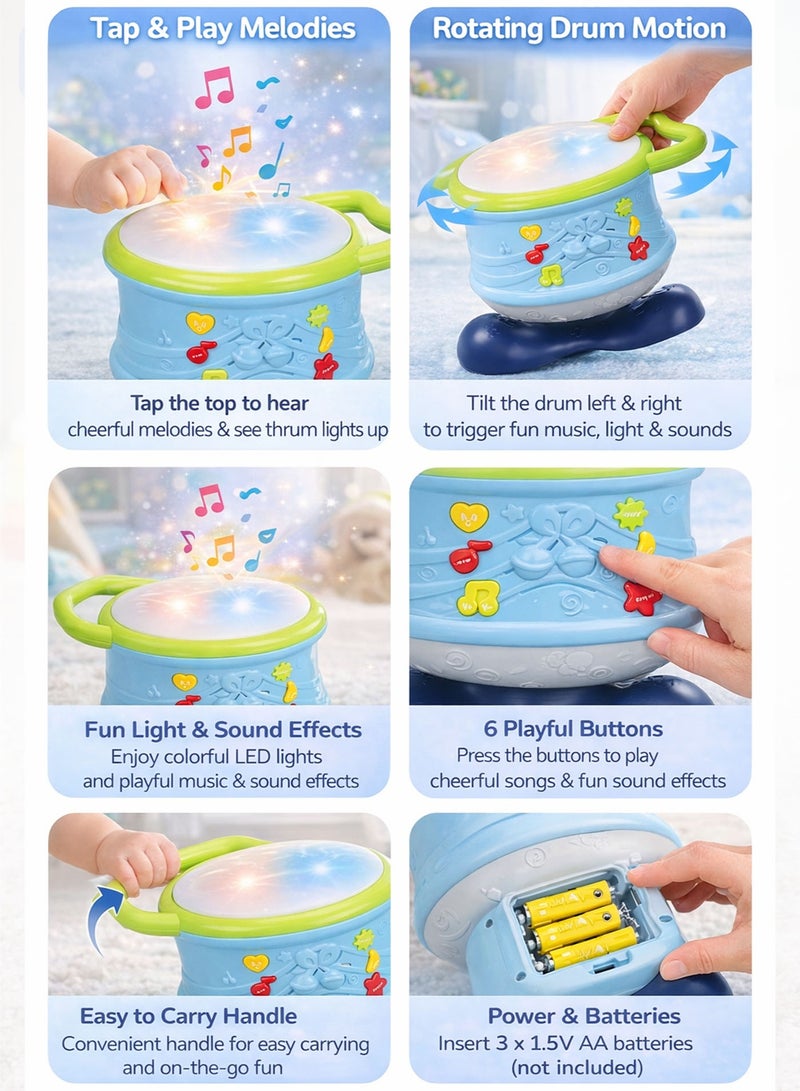 Oobidoo Interactive Musical Light Drum Toy for Toddlers 18M+, Baby Educational Learning Drum with LED Lights, Sound Effects, Rotating Rocking Motion, Sensory Development Toy, Hand Eye Coordination, Early Learning Music Toy, Portable Carry Handle Kids Drum Blue - Image 3