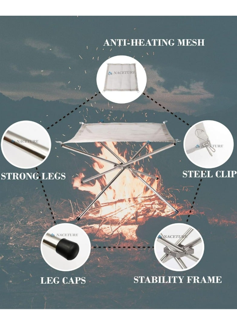 Portable Fire Pit Outdoor 16.5 Inch Camping Fire Pit Foldable Stainless Steel Mesh Pits Fireplace for BBQ Picnic Heating Bonfire Barbecue Hiking Camping Outdoor Patio Backyard and Garden  (Silver)
