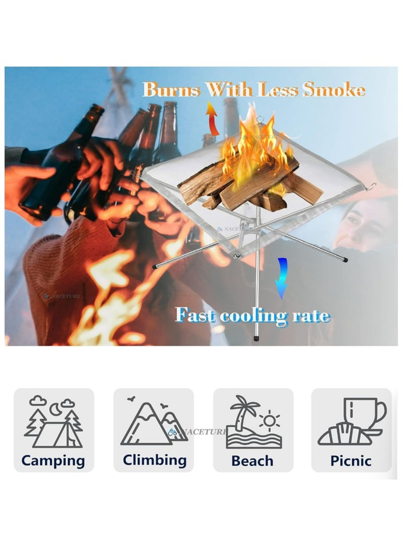 Portable Fire Pit Outdoor 16.5 Inch Camping Fire Pit Foldable Stainless Steel Mesh Pits Fireplace for BBQ Picnic Heating Bonfire Barbecue Hiking Camping Outdoor Patio Backyard and Garden  (Silver)