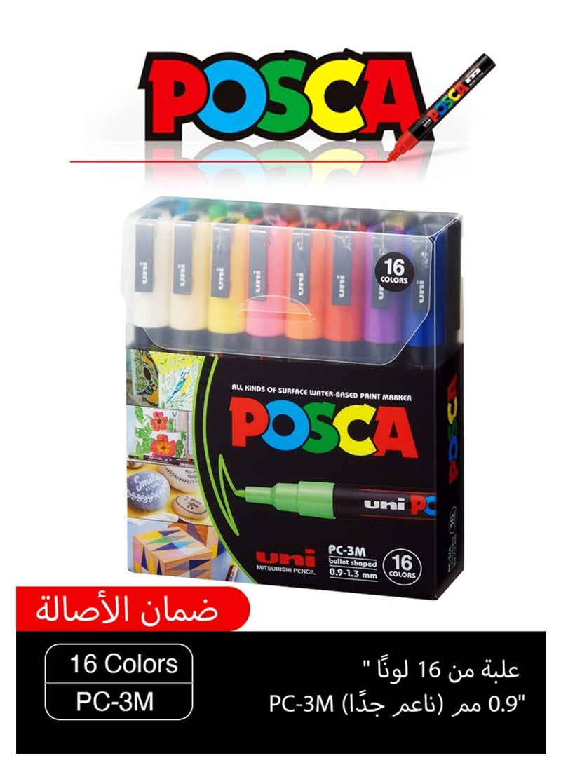POSCA 16 Color Paint Marker Set, PC-3M 0.9-1.3mm for Rock Painting, Fabric, Glass, Metal, and Graffiti. - Image 1