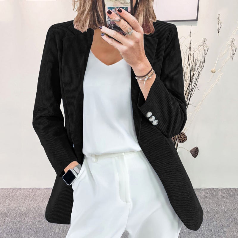 Suit coat 2024 autumn and winter new European and American cross-border temperament slim solid color casual cardigan corduroy coat women Black