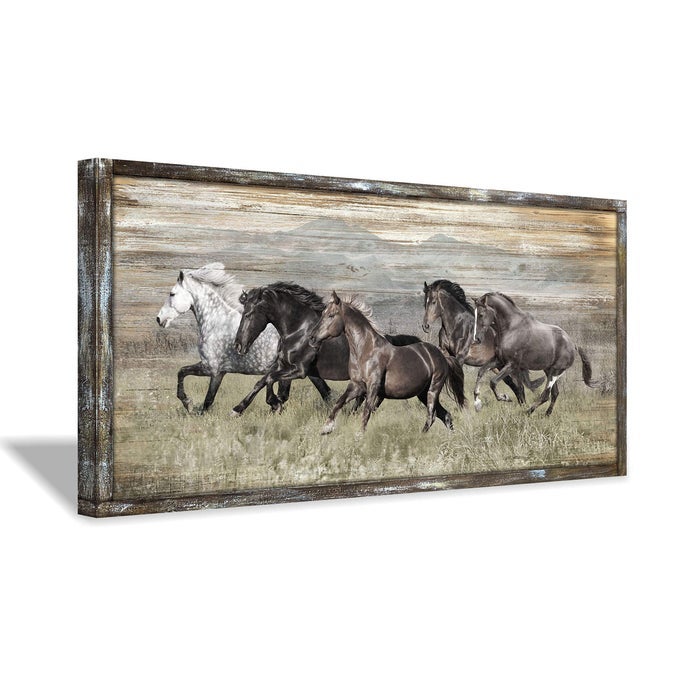WOODEN HORSES PICTURE WALL DECOR MODERN RUNNING WILDLIFE HORSE ANIMAL PAINTING PRINT ON RUSTIC TEXTURED WOOD ARTWORK WALL ART WITH HANDCRAFTED WOODEN FRAMED 40 X 20