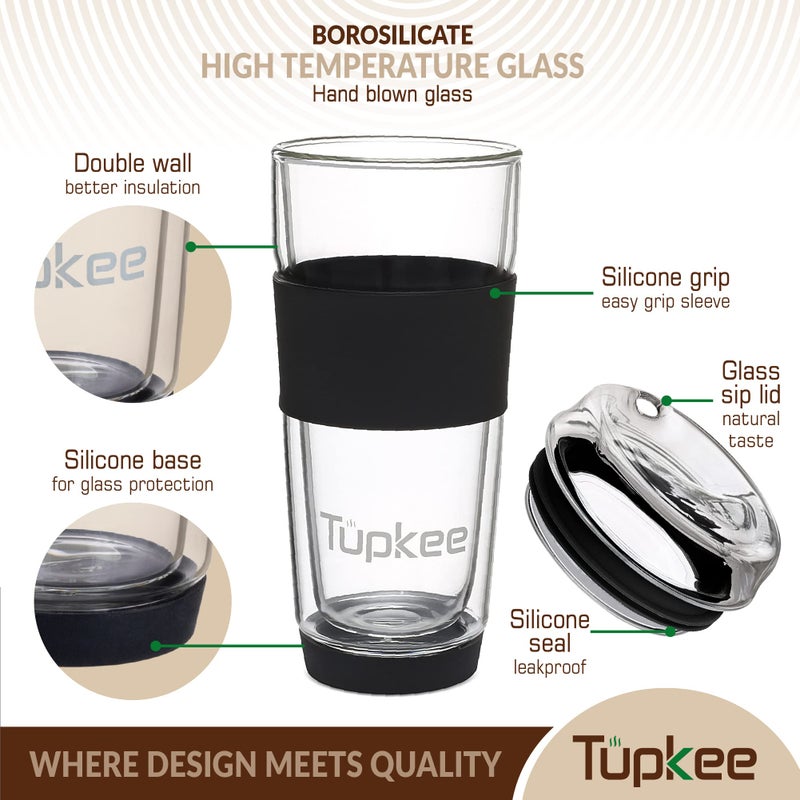 Tupkee Double Wall Glass Tumbler - 14-Ounce, All Glass Reusable Insulated Tea/Coffee Mug & Lid, Hand Blown Travel Mug - Black - Image 2
