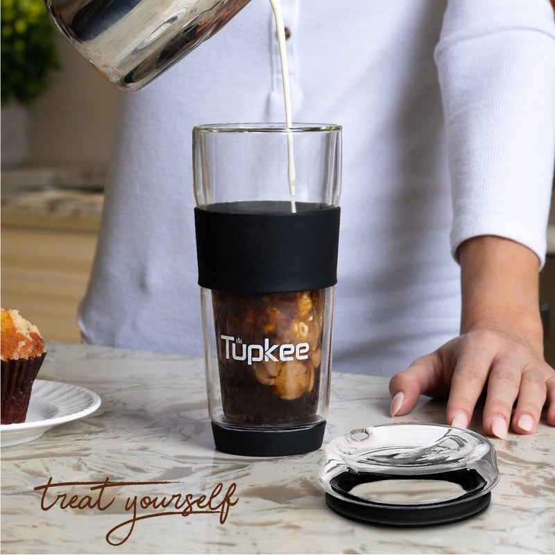 Tupkee Double Wall Glass Tumbler - 14-Ounce, All Glass Reusable Insulated Tea/Coffee Mug & Lid, Hand Blown Travel Mug - Black - Image 3