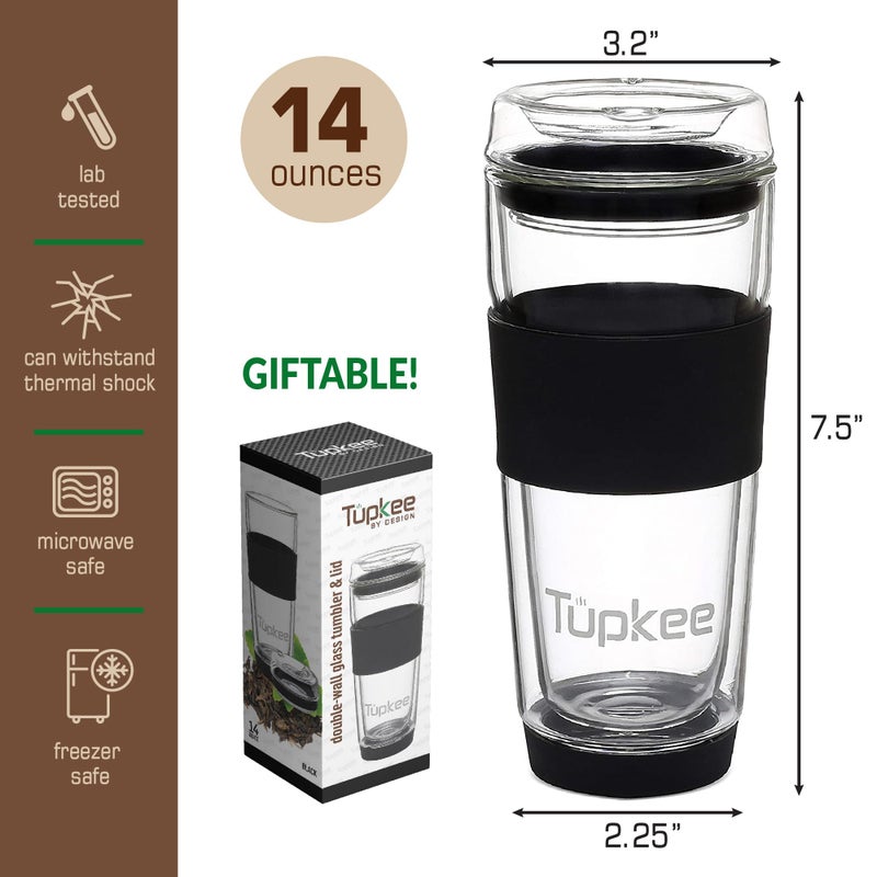 Tupkee Double Wall Glass Tumbler - 14-Ounce, All Glass Reusable Insulated Tea/Coffee Mug & Lid, Hand Blown Travel Mug - Black - Image 5