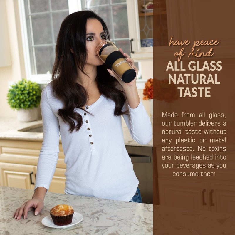 Tupkee Double Wall Glass Tumbler - 14-Ounce, All Glass Reusable Insulated Tea/Coffee Mug & Lid, Hand Blown Travel Mug - Black - Image 4