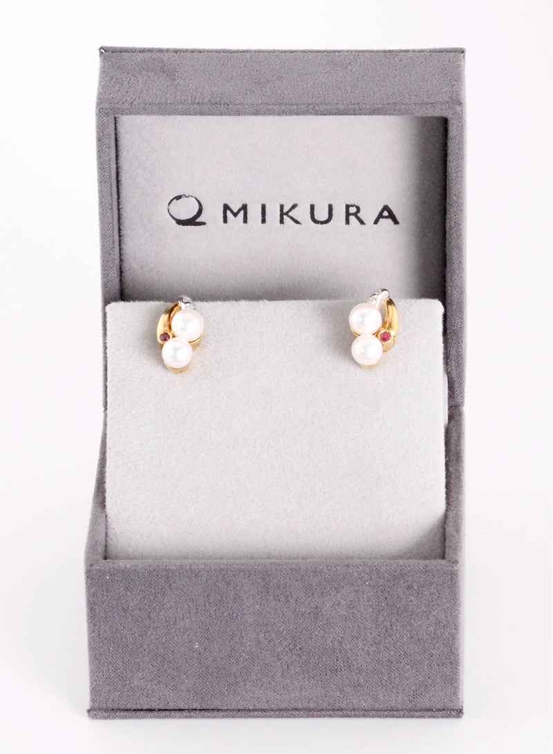 MIKURA Earrings, Japanese Akoya Pearls, A Quality, White Color, 6.5-5.5MM 18K, 4D 0.04CT, & Ruby  - Image 3