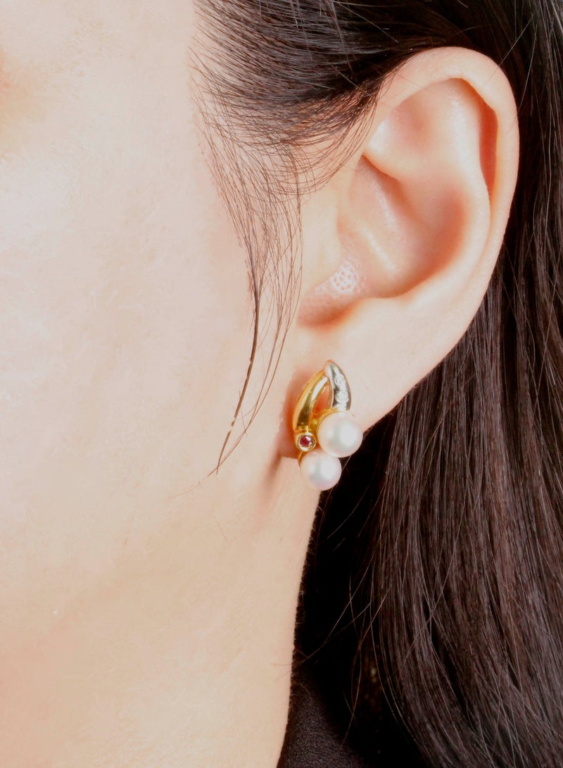 MIKURA Earrings, Japanese Akoya Pearls, A Quality, White Color, 6.5-5.5MM 18K, 4D 0.04CT, & Ruby  - Image 4