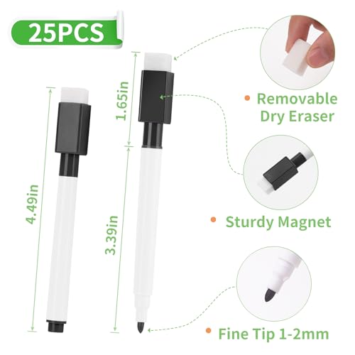 JEFURE 200 Pcs Black Magnetic Dry Erase Markers with Eraser Cap, White Board Mini Dry erase Markers Bulk, Fine Point Tip Student White Board Markers for Teachers Office School Supplies - Image 2