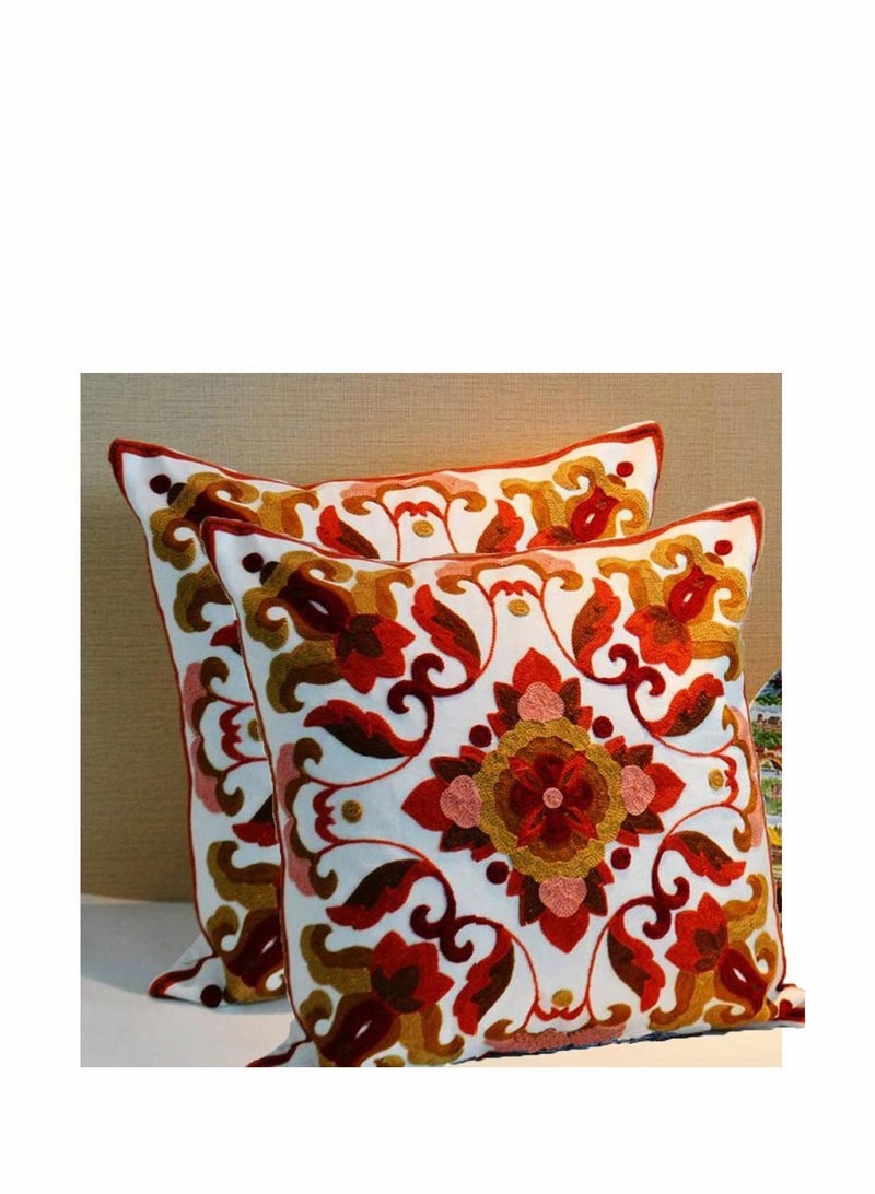 SYOSI Red Embroidered Cotton Canvas Cushion Cover 45x45cm Hand Made National Embroidery Bohemian Housewarming Car Home Decoration Cushion Cover/Throw Pillow Cover(2pc) - Image 2