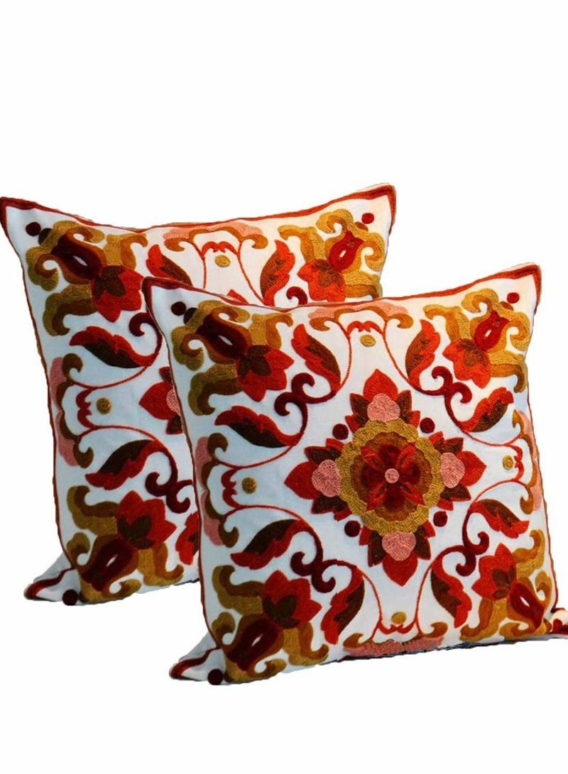 SYOSI Red Embroidered Cotton Canvas Cushion Cover 45x45cm Hand Made National Embroidery Bohemian Housewarming Car Home Decoration Cushion Cover/Throw Pillow Cover(2pc) - Image 1