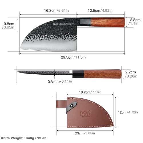 FINDKING Dynasty Series Serbian Chefs Knife with Leather Sheath, Heavy Duty Meat Cleaver, 9Cr18MoV High Carbon Steel Blade, African Rosewood Octagonal Handle, for Meat, Chicken Bones, 6.5 Inches - Image 4