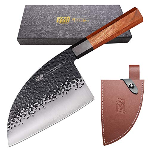 FINDKING Dynasty Series Serbian Chefs Knife with Leather Sheath, Heavy Duty Meat Cleaver, 9Cr18MoV High Carbon Steel Blade, African Rosewood Octagonal Handle, for Meat, Chicken Bones, 6.5 Inches - Image 1