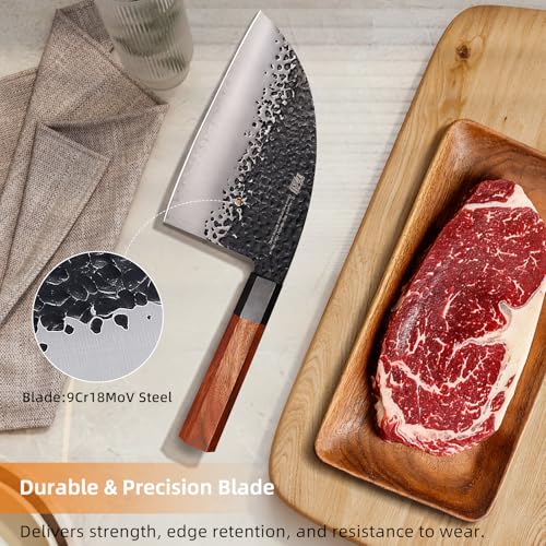 FINDKING Dynasty Series Serbian Chefs Knife with Leather Sheath, Heavy Duty Meat Cleaver, 9Cr18MoV High Carbon Steel Blade, African Rosewood Octagonal Handle, for Meat, Chicken Bones, 6.5 Inches - Image 2