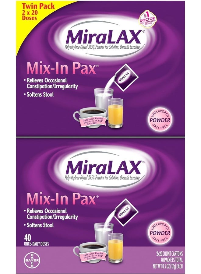 MiraLAX, Laxative Powder for Gentle Constipation Relief Single Dose Packets, 40 Count (2 x 20 Doses) - Image 1