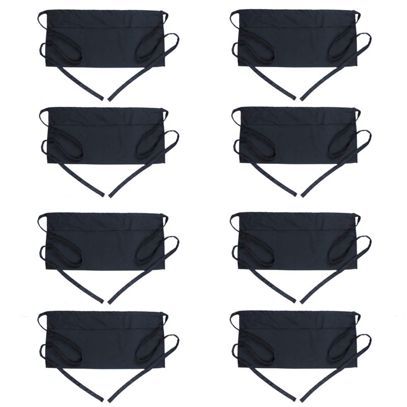 BOHARERS BOHARERS Waist Apron with 3 Pockets 8 Pack  Black Waitress Server Short Apron 
