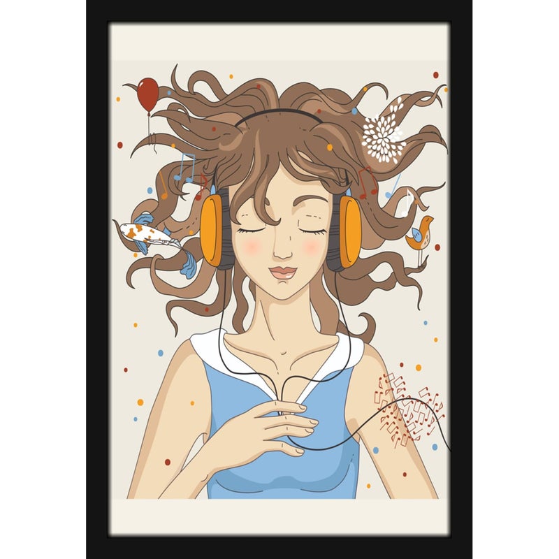 Mad Masters Pretty Girl Listeing Music on Headphones Beautiful Woman Painting Photo Frame for Living Room Bedroom Home Decor and Wall Decoration MM 1036 8x12 Inch Paper Without Plexi Glass