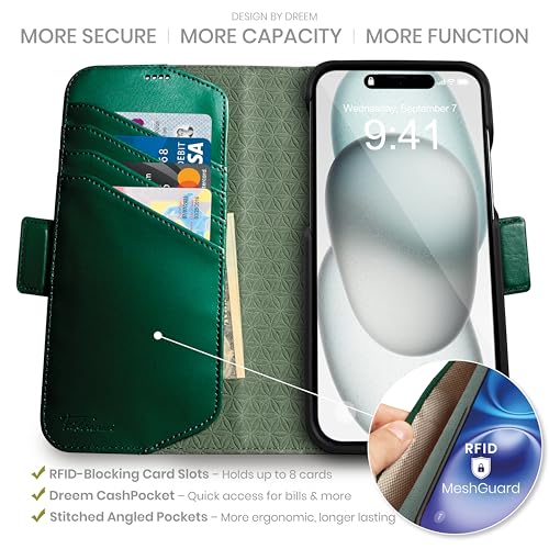 Dreem Wallet Case for iPhone 15 Revolutionary VertHor Phone Stand Magnetic Detachable Vegan Leather Flip Cover RFID Blocking Card Holder MagSafeFit Gift Box Fibonacci Green - Image 3