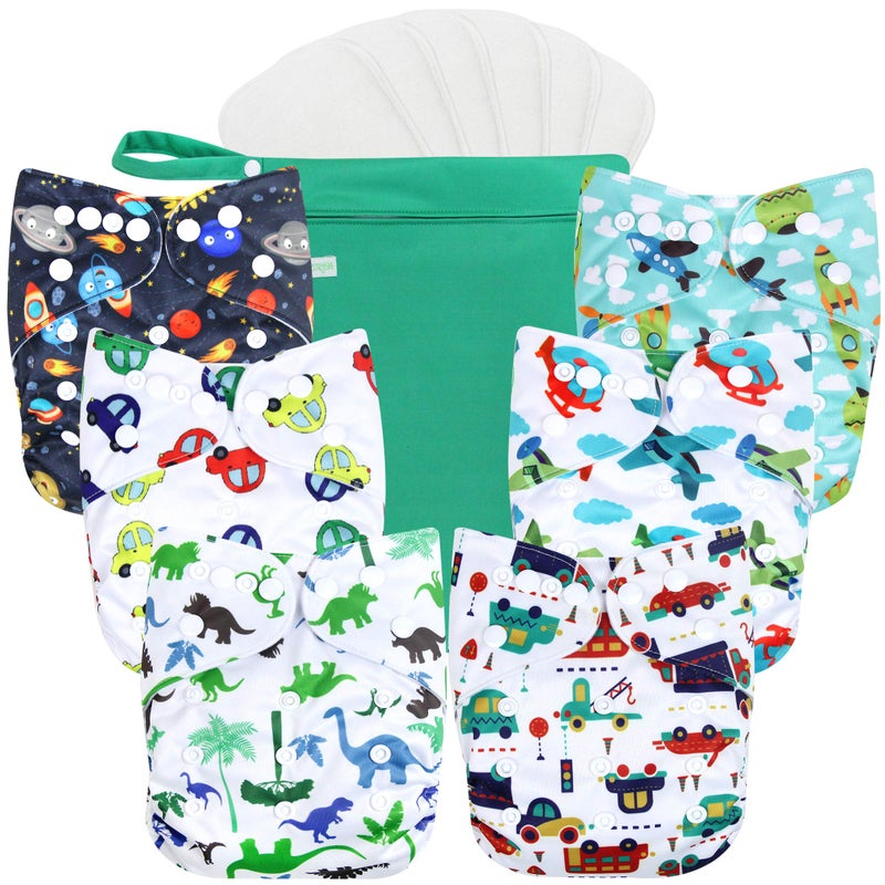 wegreeco Cloth Diapers 6 Pack with 6 Inserts 1 Wet Bag Washable Cloth Diapers for Babies One Size Adjustable Reusable Car Airplane