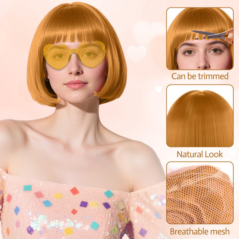 PLULON Hot Pink-Color Bob Wig with Heart Sunglasses Neon Colored Party Wig - Image 4