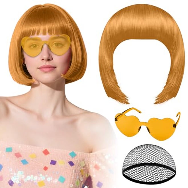 PLULON Hot Pink-Color Bob Wig with Heart Sunglasses Neon Colored Party Wig - Image 2