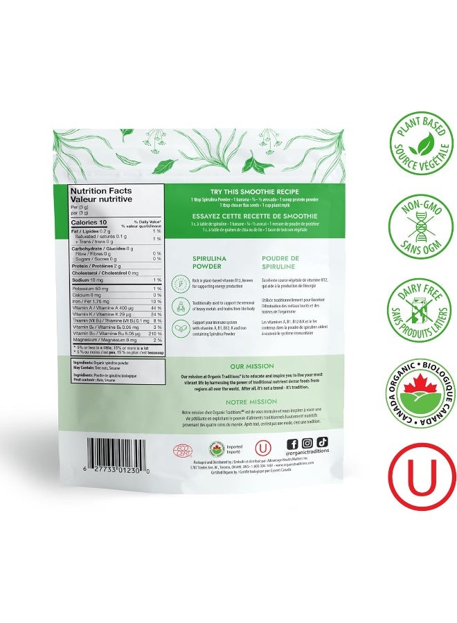 Organic Traditions Spirulina Powder Organic Green Spirulina Powder Vegan Non-Gmo Superfood, 5.3Oz (150G) Bag, 50 Servings Per Bag