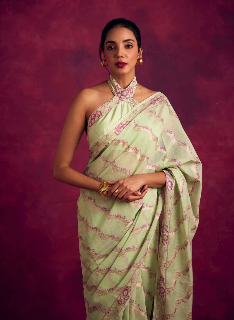 Abhishti Banarasi woven zari saree-Pistachio green - Image 2
