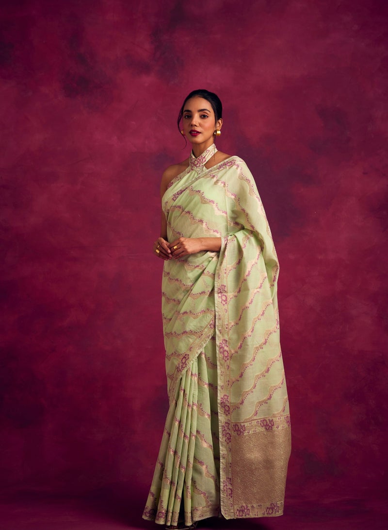 Abhishti Banarasi woven zari saree-Pistachio green - Image 3