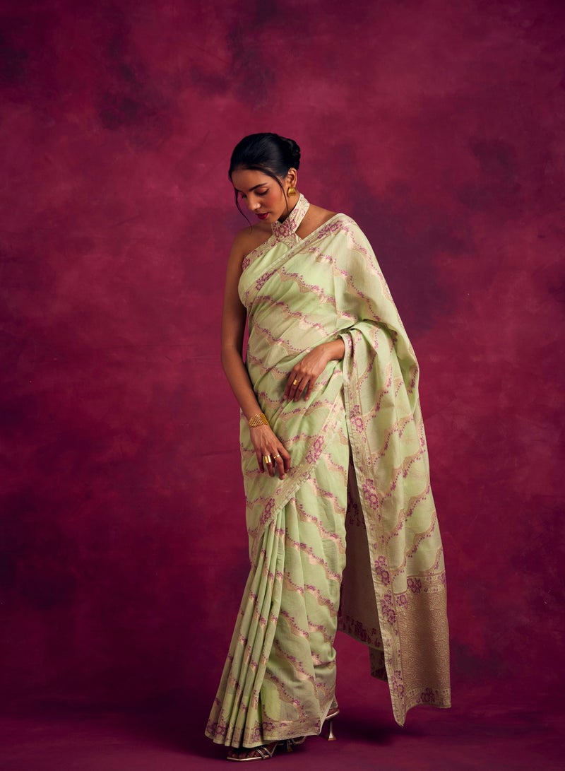 Abhishti Banarasi woven zari saree-Pistachio green - Image 4