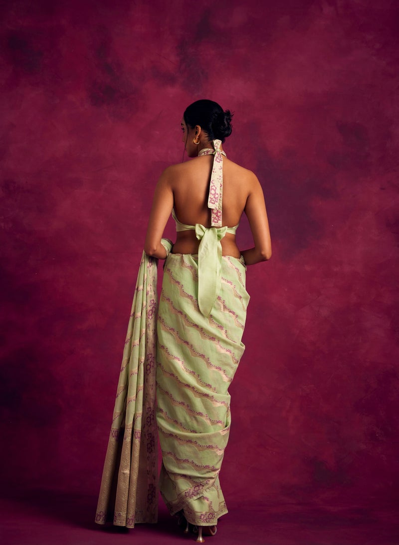 Abhishti Banarasi woven zari saree-Pistachio green - Image 5