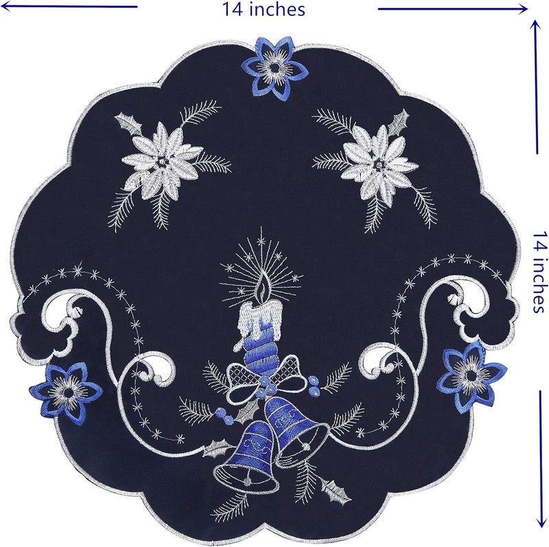 GRANDDECO GRANDDECO Holiday Christmas Placemat 14 Set of 4 Cutwork Embroidered Floral Christmas Blue Candles Dresser Scarf Table Topper for Home Dining Xmas Tabletop Decoration  - Image 3