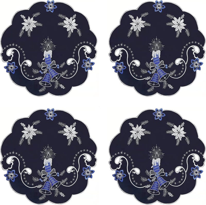 GRANDDECO GRANDDECO Holiday Christmas Placemat 14 Set of 4 Cutwork Embroidered Floral Christmas Blue Candles Dresser Scarf Table Topper for Home Dining Xmas Tabletop Decoration  - Image 1