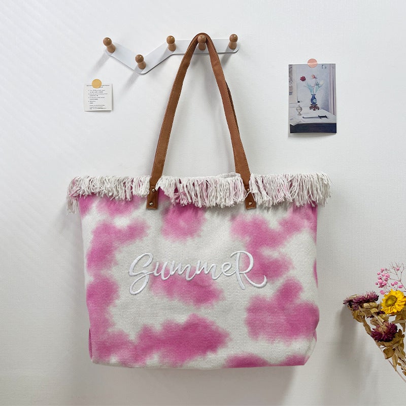 Explosions Summer Embroidered Tassel Beach Bag Large Capacity Tie-Dye Canvas Women'S Shoulder Hand Tote Bag