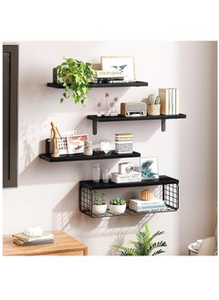 XiuWoo 4 Pack Wood Wall Mounted Floating Shelves, Hanging Shelf Storage Rack, Home Display Rack, Plant Shelf, Home Storage Rack with Wire Storage Basket for Home, Office  - Image 3