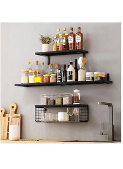 XiuWoo 4 Pack Wood Wall Mounted Floating Shelves, Hanging Shelf Storage Rack, Home Display Rack, Plant Shelf, Home Storage Rack with Wire Storage Basket for Home, Office  - Image 5