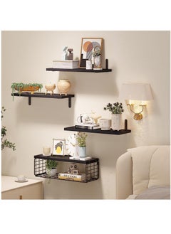 XiuWoo 4 Pack Wood Wall Mounted Floating Shelves, Hanging Shelf Storage Rack, Home Display Rack, Plant Shelf, Home Storage Rack with Wire Storage Basket for Home, Office  - Image 4