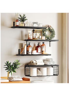XiuWoo 4 Pack Wood Wall Mounted Floating Shelves, Hanging Shelf Storage Rack, Home Display Rack, Plant Shelf, Home Storage Rack with Wire Storage Basket for Home, Office  - Image 2