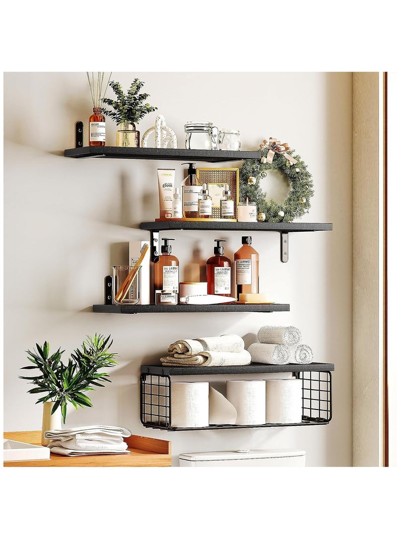 XiuWoo 4 Pack Wood Wall Mounted Floating Shelves, Hanging Shelf Storage Rack, Home Display Rack, Plant Shelf, Home Storage Rack with Wire Storage Basket for Home, Office  - Image 2