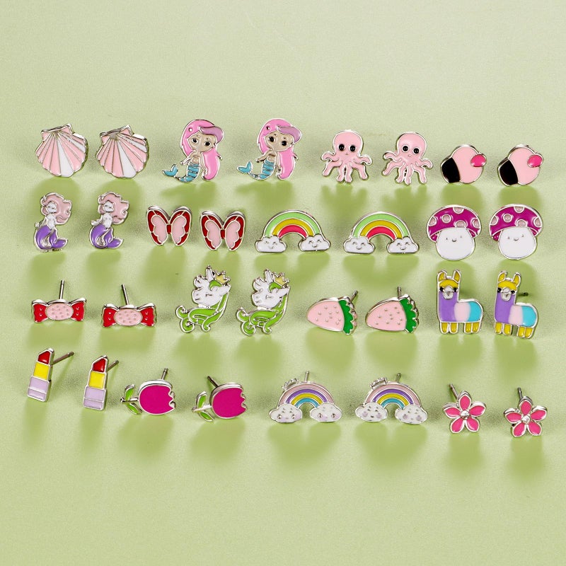 DALOO 60 Pairs Cute Earrings Set - Hypoallergenic Stainless Steel Studs with Cartoon Characters, Colorful Faux Pearls & Sparkling Cubic Zirconias (#1) - Image 3