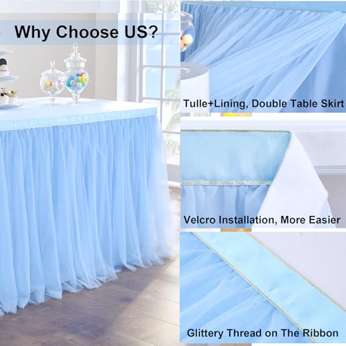 NSSONBEN 72in Baby Blue Tulle Table Skirts for Rectangle Tables 6/4ft, 2-Layer Gold Grim Ruffle Tulle Tutu Blue Cloth Table Skirt 6ft Decor Boy Birthday Party Baby Shower Cake Dessert Tables(No Table Cover) - Image 4