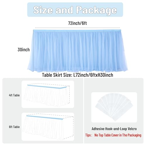 NSSONBEN 72in Baby Blue Tulle Table Skirts for Rectangle Tables 6/4ft, 2-Layer Gold Grim Ruffle Tulle Tutu Blue Cloth Table Skirt 6ft Decor Boy Birthday Party Baby Shower Cake Dessert Tables(No Table Cover) - Image 5