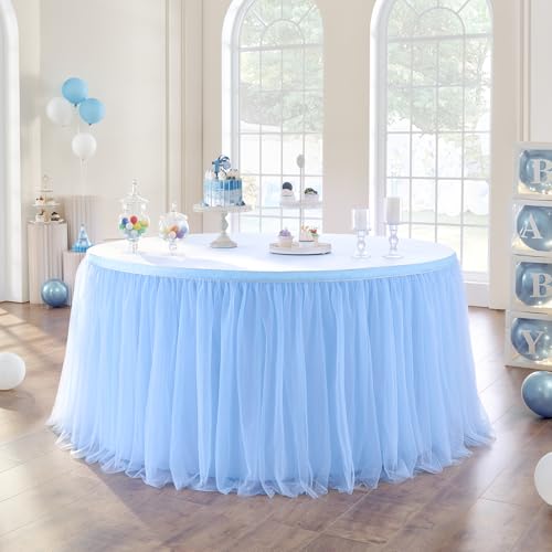 NSSONBEN 72in Baby Blue Tulle Table Skirts for Rectangle Tables 6/4ft, 2-Layer Gold Grim Ruffle Tulle Tutu Blue Cloth Table Skirt 6ft Decor Boy Birthday Party Baby Shower Cake Dessert Tables(No Table Cover) - Image 2