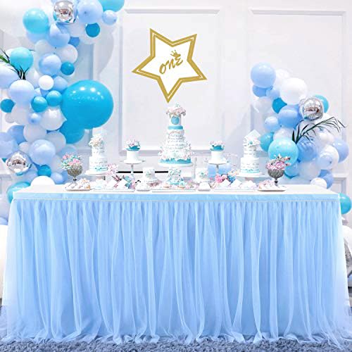 NSSONBEN 72in Baby Blue Tulle Table Skirts for Rectangle Tables 6/4ft, 2-Layer Gold Grim Ruffle Tulle Tutu Blue Cloth Table Skirt 6ft Decor Boy Birthday Party Baby Shower Cake Dessert Tables(No Table Cover) - Image 3
